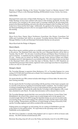 Minutes of a Regular Meeting of the Verona Township Council on Monday, January 7, 2019 Beginning at 7:00 P.M