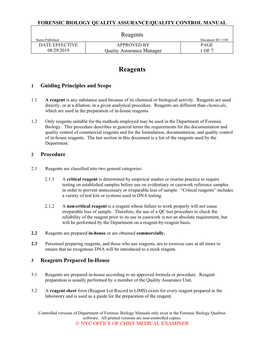 Reagents Status:Published Document ID: 1188 DATE EFFECTIVE APPROVED by PAGE 08/29/2019 Quality Assurance Manager 1 of 7