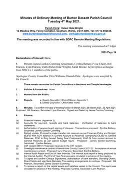 Minutes of Ordinary Meeting of Burton Dassett Parish Council Tuesday 4Th May 2021