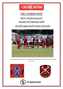 THE CITIZENS POST WCFC V Paulton Rovers FC Saturday 15Th September 2018 Evo-Stik League South Division One South