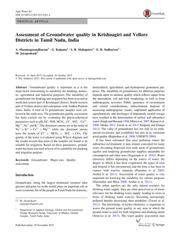 Assessment of Groundwater Quality in Krishnagiri and Vellore Districts in Tamil Nadu, India