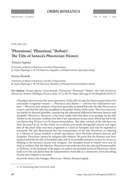 'Phoenissae', 'Phoenissa', 'Thebais': the Title of Seneca's Phoenician