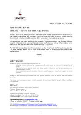 PRESS RELEASE ERAMET Listed on SBF 120 Index