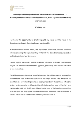 Opening Statement by the Minister for Finance Mr. Paschal Donohoe T.D. Assistant, to the Oireachtas Committee on Finance, Public