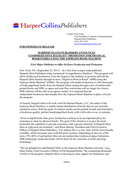 Harpercollins Titles Now Available on Espresso Book Machine Network