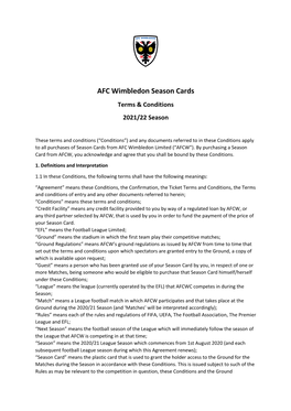 AFC Wimbledon Season Cards Terms & Conditions 2021/22 Season