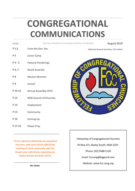 CONGREGATIONAL COMMUNICATIONS Inside … the FELLOWSHIP of CONGREGATIONAL CHURCHES August 2019