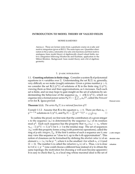 INTRODUCTION to MODEL THEORY of VALUED FIELDS 1. P-Adic Integration 1.1. Counting Solutions in Finite Rings. Consider a System