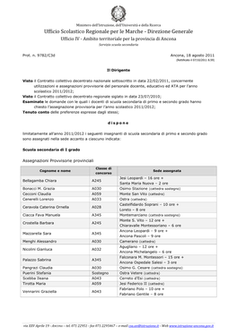 Ufficio Scolastico Regionale Per Le Marche - Direzione Generale Ufficio IV - Ambito Territoriale Per La Provincia Di Ancona Servizio Scuola Secondaria