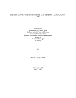 Europe's Battery: the Making of the Alpine Energy Landscape, 1870- 1955