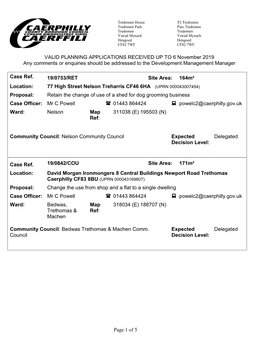 Of 5 VALID PLANNING APPLICATIONS RECEIVED up to 6 November 2019 Any Comments Or Enquiries Should Be Addressed to the Deve