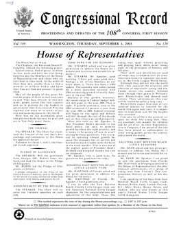 Congressional Record United States Th of America PROCEEDINGS and DEBATES of the 108 CONGRESS, FIRST SESSION