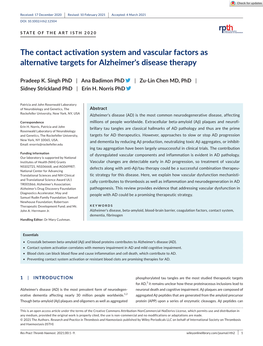 The Contact Activation System and Vascular Factors As Alternative Targets for Alzheimer's Disease Therapy