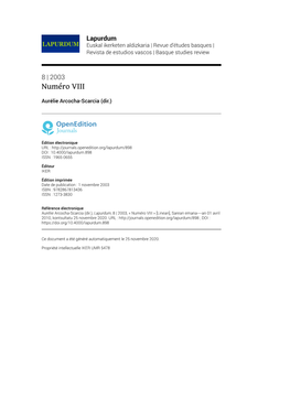 Lapurdum, 8 | 2003, « Numéro VIII » [Linean], Sarean Emana----An 01 Avril 2010, Kontsultatu 25 Novembre 2020