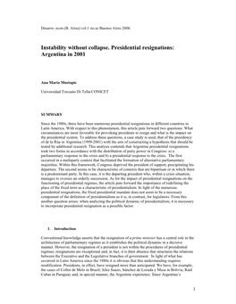 Instability Without Collapse. Presidential Resignations: Argentina in 2001