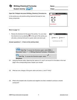 Writing Chemical Formulas Name Student Activity Class