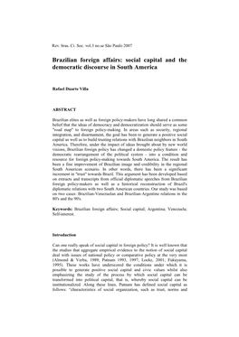 Brazilian Foreign Affairs: Social Capital and the Democratic Discourse in South America