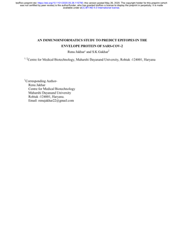 AN IMMUNOINFORMATICS STUDY to PREDICT EPITOPES in the ENVELOPE PROTEIN of SARS-COV-2 Renu Jakhar¹ and S.K Gakhar2