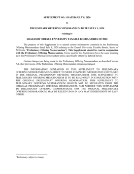 SUPPLEMENT NO. 1 DATED JULY 8, 2020 to PRELIMINARY OFFERING MEMORANDUM DATED JULY 1, 2020 Relating to $104,245,000* DREXEL UNIVE