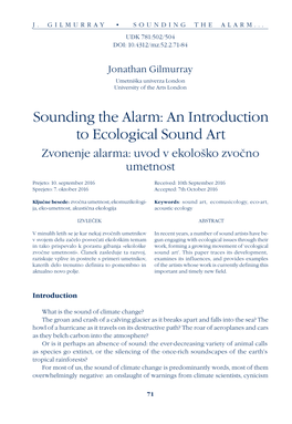 Sounding the Alarm: an Introduction to Ecological Sound Art Zvonenje Alarma: Uvod V Ekološko Zvočno Umetnost