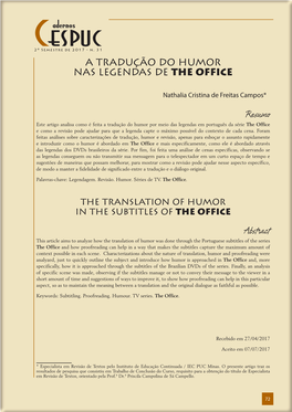 Adernos a TRADUÇÃO DO HUMOR NAS LEGENDAS DE the OFFICE