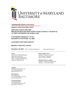 Administration & Finance Design and Construction Specifications for the Bressler Research Building Substations 4-7 Renewal