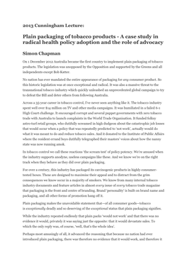 Plain Packaging of Tobacco Products - a Case Study in Radical Health Policy Adoption and the Role of Advocacy