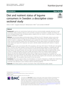 Diet and Nutrient Status of Legume Consumers in Sweden: a Descriptive Cross- Sectional Study Céline A