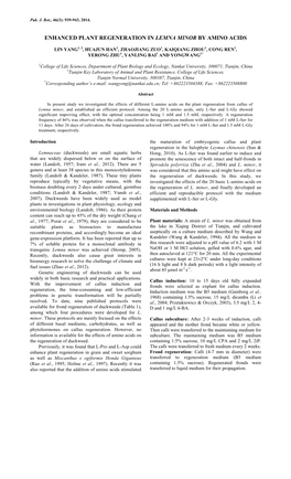 Enhanced Plant Regeneration in Lemna Minor by Amino Acids