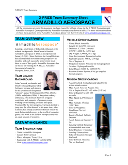 ARMADILLO AEROSPACE All the Information Given in This Document Has Been Cleared for Official Release by the X PRIZE Foundation and Armadillo Aerospace