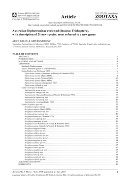 Australian Diplectroninae Reviewed (Insecta: Trichoptera), with Description of 21 New Species, Most Referred to a New Genus