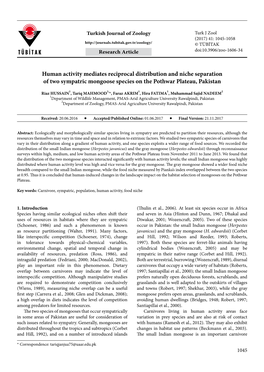 Human Activity Mediates Reciprocal Distribution and Niche Separation of Two Sympatric Mongoose Species on the Pothwar Plateau, Pakistan