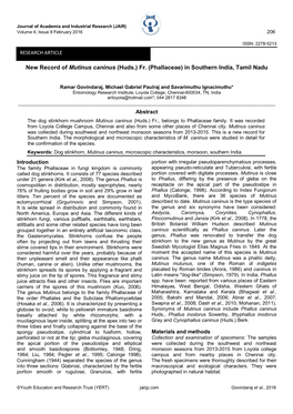 New Record of Mutinus Caninus (Huds.) Fr. (Phallaceae) in Southern India, Tamil Nadu