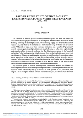 "Bred up in the Study of That Faculty": Licensed Physicians in North-West England, 1660-1760