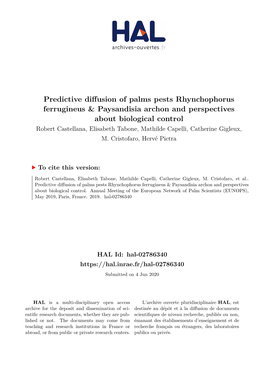 Predictive Diffusion of Palms Pests Rhynchophorus Ferrugineus