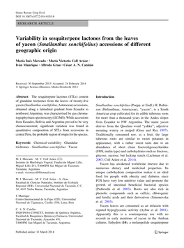 (Smallanthus Sonchifolius) Accessions of Different Geographic Origin