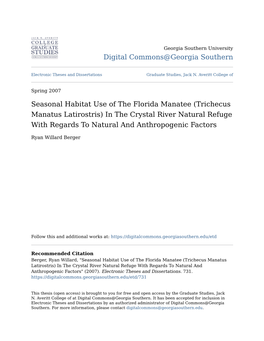 Seasonal Habitat Use of the Florida Manatee (Trichecus Manatus Latirostris) in the Crystal River Natural Refuge with Regards to Natural and Anthropogenic Factors