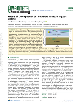 Kinetics of Decomposition of Thiocyanate in Natural Aquatic Systems Irina Kurashova,† Itay Halevy,‡ and Alexey Kamyshny, Jr.*,†