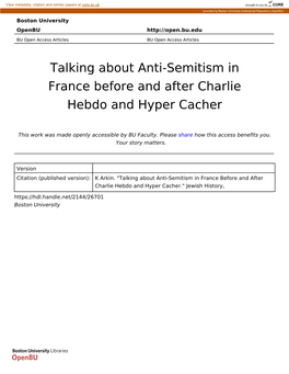 Talking About Anti-Semitism in France Before and After Charlie Hebdo and Hyper Cacher