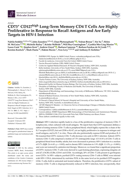 CD73+ Cd127high Long-Term Memory CD4 T Cells Are Highly Proliferative in Response to Recall Antigens and Are Early Targets in HIV-1 Infection