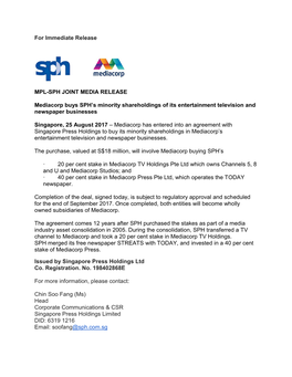 SPH-Mediacorp Joint Release