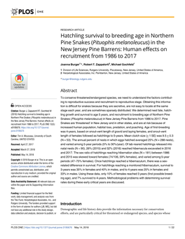 Hatchling Survival to Breeding Age in Northern Pine Snakes (Pituophis Melanoleucus) in the New Jersey Pine Barrens: Human Effects on Recruitment from 1986 to 2017