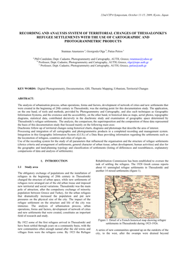 Recording and Analysis System of Territorial Changes of Thessaloniki’S Refugee Settlements with the Use of Cartographic and Photogrammetric Products