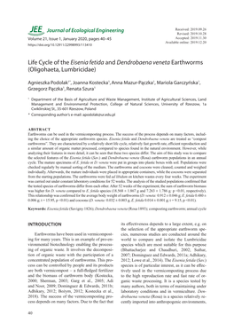 Life Cycle of the Eisenia Fetida and Dendrobaena Veneta Earthworms (Oligohaeta, Lumbricidae)