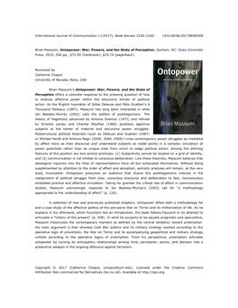 Brian Massumi, Ontopower: War, Powers, and the State of Perception, Durham, NC: Duke University Press, 2015, 306 Pp., $72.95 (Hardcover), $23.70 (Paperback)