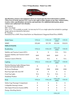 Volvo V70 Specifications - Model Year 2004