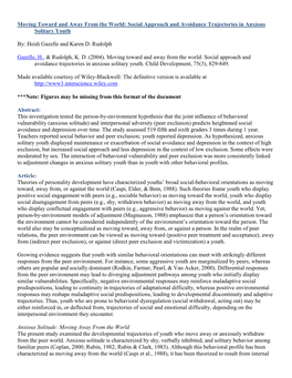 Moving Toward and Away from the World: Social Approach and Avoidance Trajectories in Anxious Solitary Youth