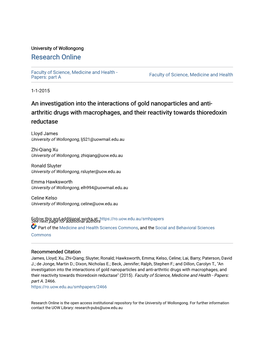 An Investigation Into the Interactions of Gold Nanoparticles and Anti-Arthritic Drugs with Macrophages, and Their Reactivity Towards Thioredoxin Reductase