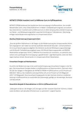 Pressemitteilung MITNETZ STROM Investiert Rund 1,4 Millionen Euro Im