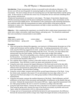 Pre AP Physics 1: Measurement Lab